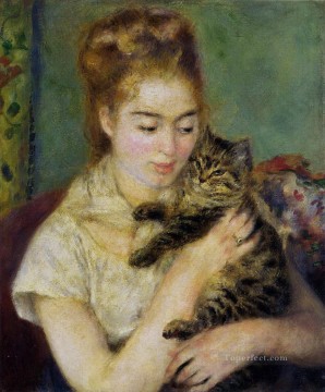 Femme au chat Renoir enfants animaux Peinture à l'huile